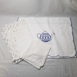 New And Vintage Cotton Lace Table Linens And Scalloped Hankerchief